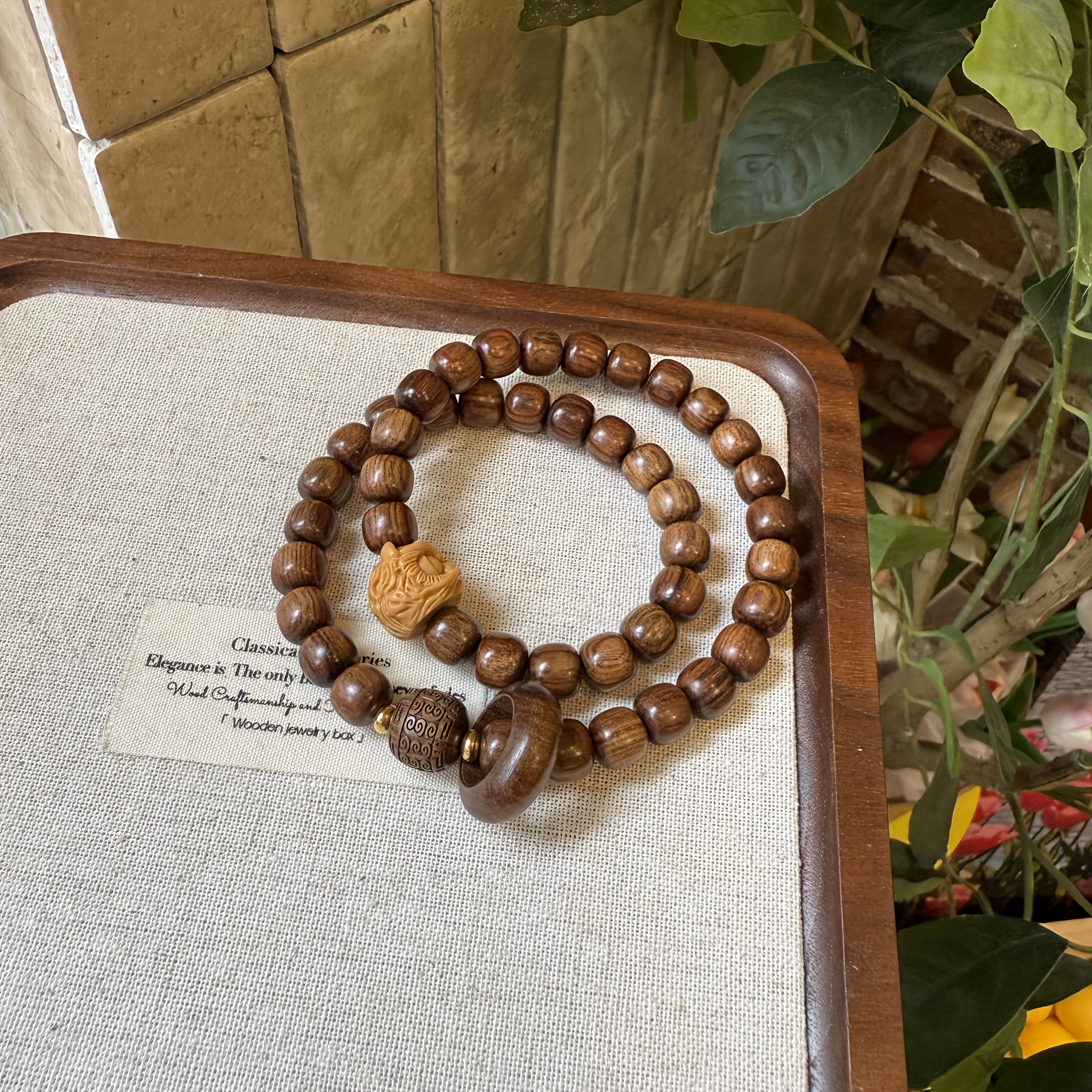 Natural Sandalwood Double Wrap Temple Bracelet with Guardian Lion Charm